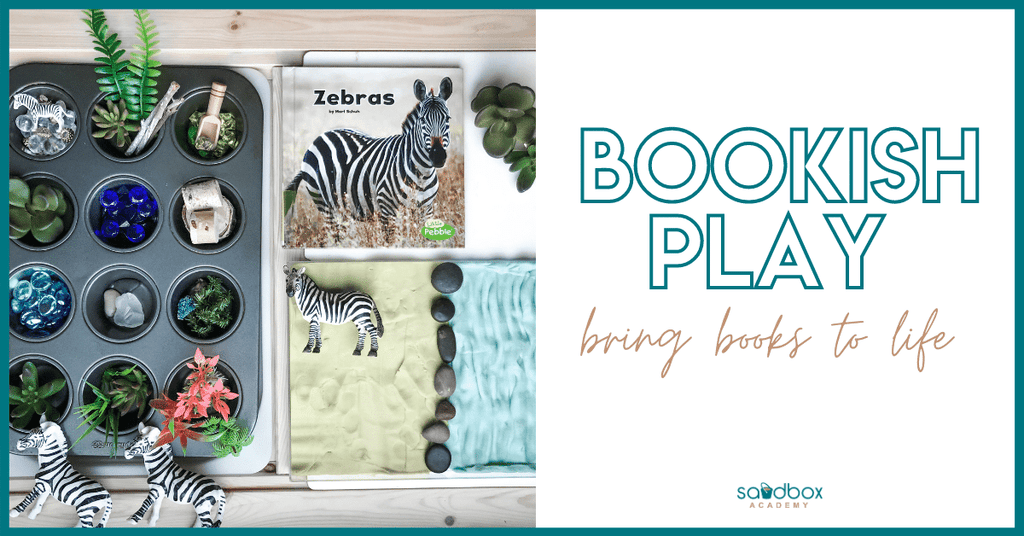 bookish play set up of zebra toys with play dough and assorted nature pieces; text reads bookish play bring books to life