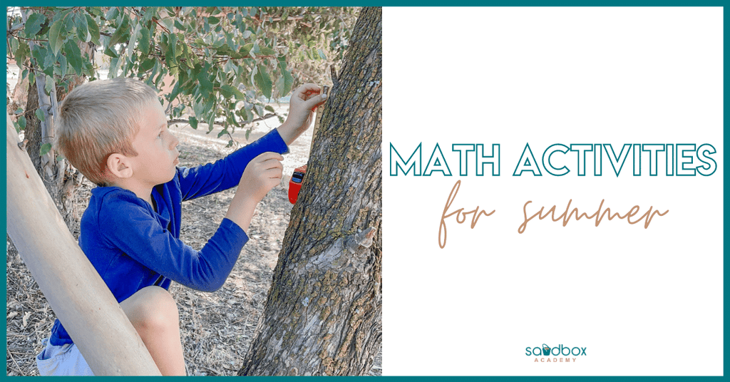 little boy playing in tree text reads math activities for summer