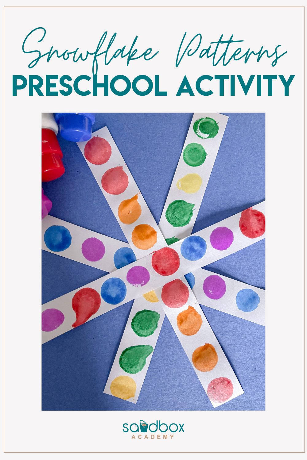 paper snowflake with colorful dots in a pattern text reads snowflake patterns preschool activity